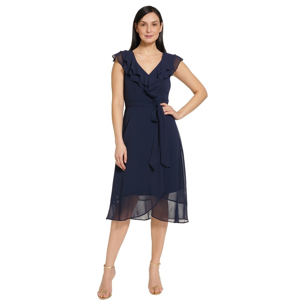 DKNY Double Ruffle Collar Dress Navy Blue Size 8 Sleeveless Knee Length
